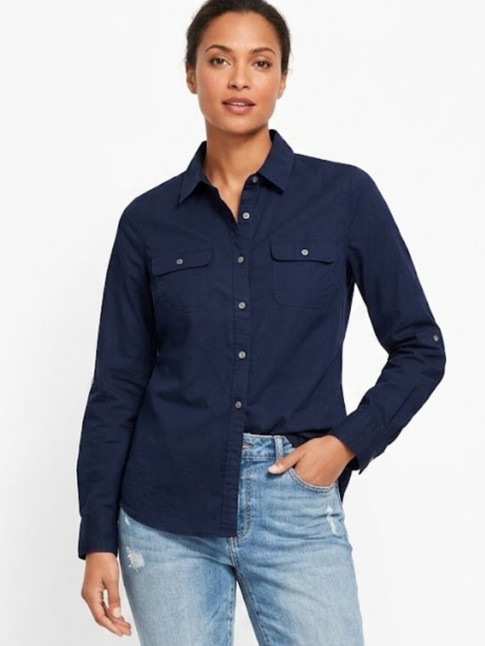 Talbots Navy Blue Utility Button Down Roll Tab Shirt Size 12